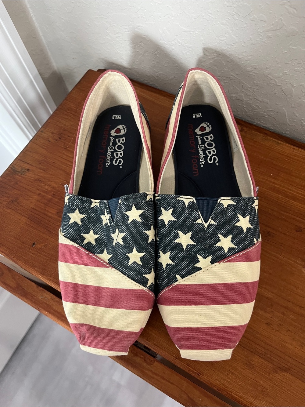 Skechers BOBS Flag Print Slip-On Memory Foam Canvas in Red, White & Blue
